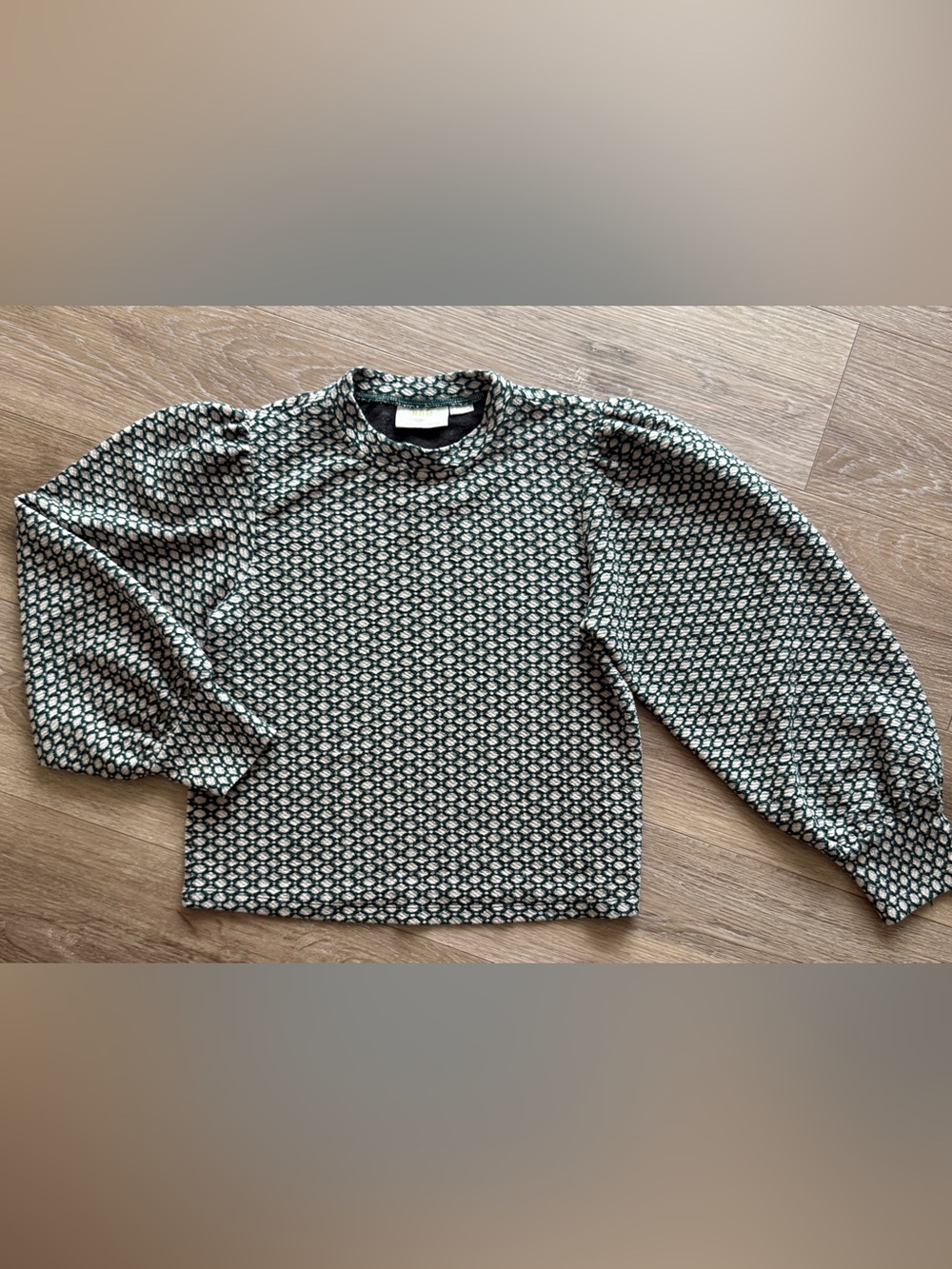 Maeve by Anthropologie Geo Puff Sleeve Mock Neck Green Tan Medium M